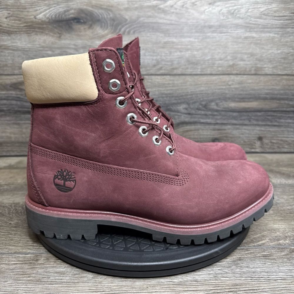 Timberland Premium 6" WATERPROOF Burgundy Nubuck Leather Black Boot sz 9 A2M1K